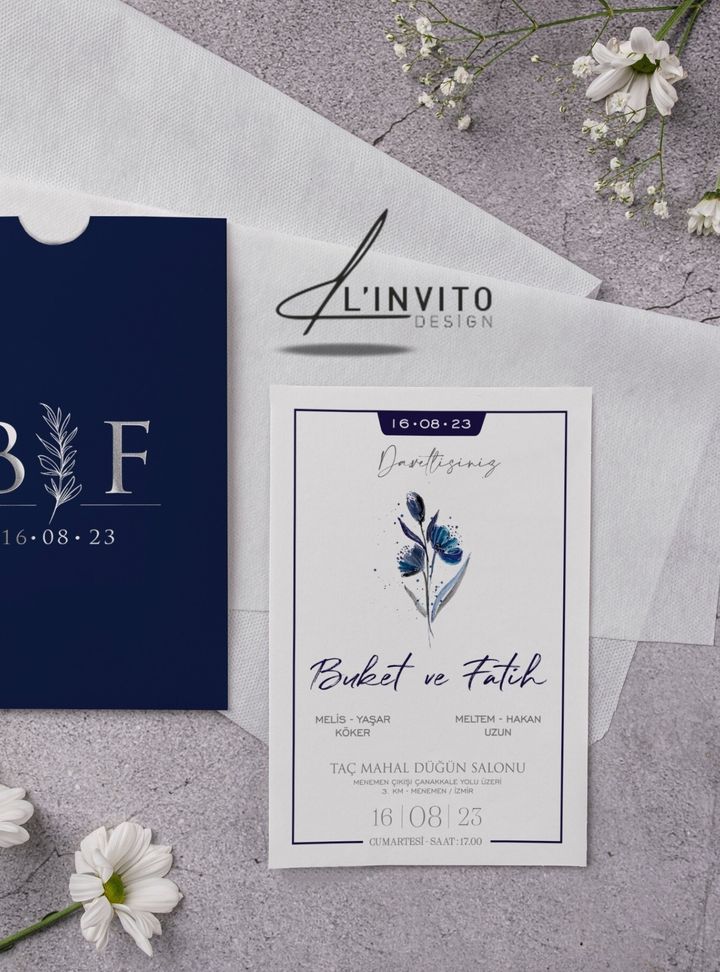 Lacivert Zarflı Çiçekli Davetiye