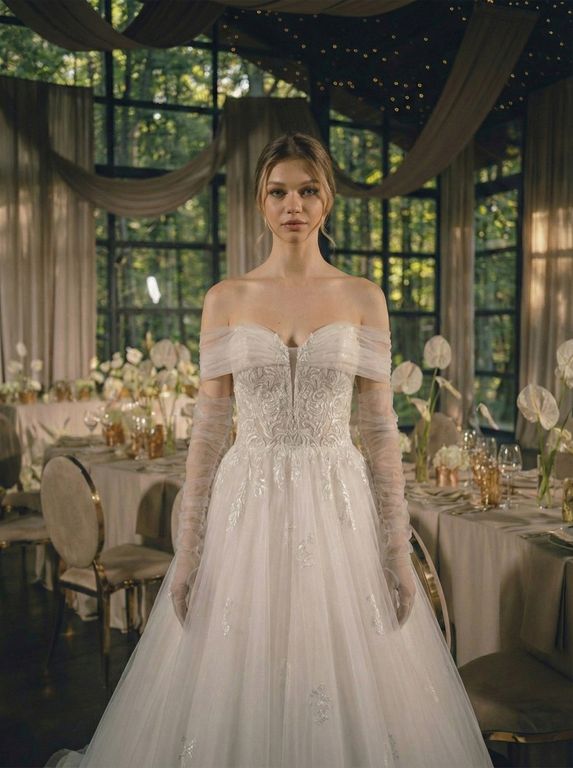 MAB-4743--25 A Kesim Düşük Omuz Göğüs Dekolteli Gelinlik 3