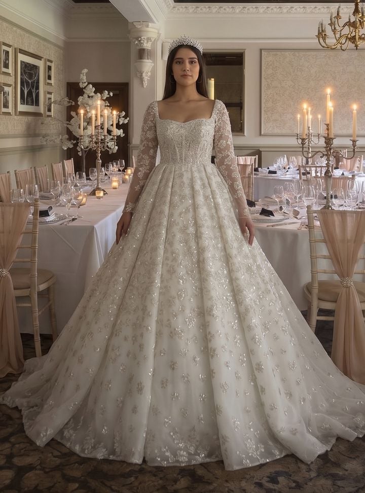 MLME-8-25 A Kesim Kare Yaka Göğüs Dekolteli Gelinlik