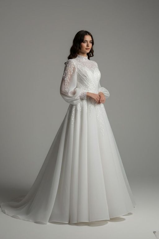 ÖS-7-25 A Kesim Tesettür Dekoltesiz Gelinlik 4