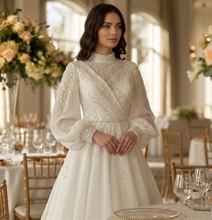 ÖS-7-25 A Kesim Tesettür Dekoltesiz Gelinlik 3