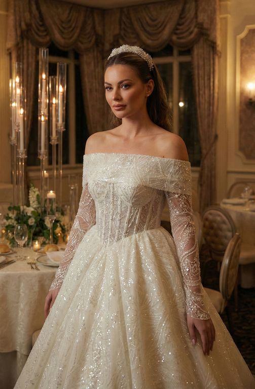 AGFK-7-25 Prenses Kesim Düşük Omuz Görkemli Gelinlik 3