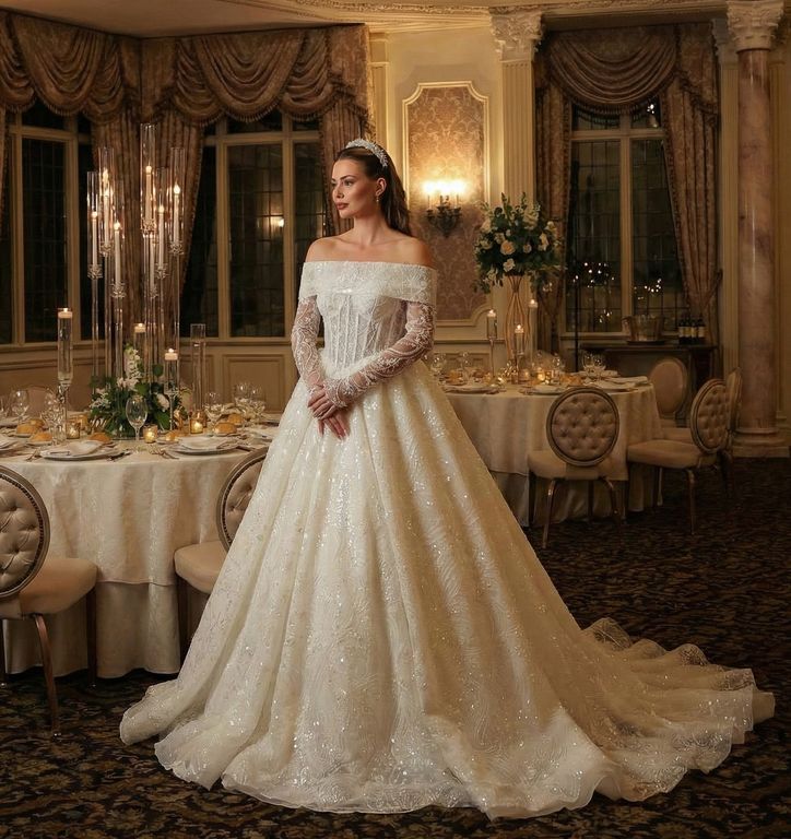 AGFK-7-25 Prenses Kesim Düşük Omuz Görkemli Gelinlik 4