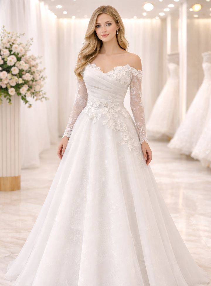 Zarif Drapeli A Kesim Uzun Kollu Gelinlik A Kesim Düşük Omuz Modern Gelinlik