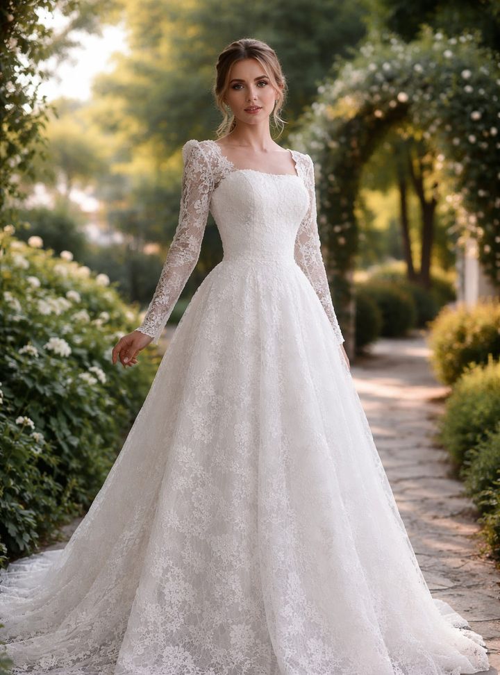 Kare Yaka Uzun Kollu Gelinlik