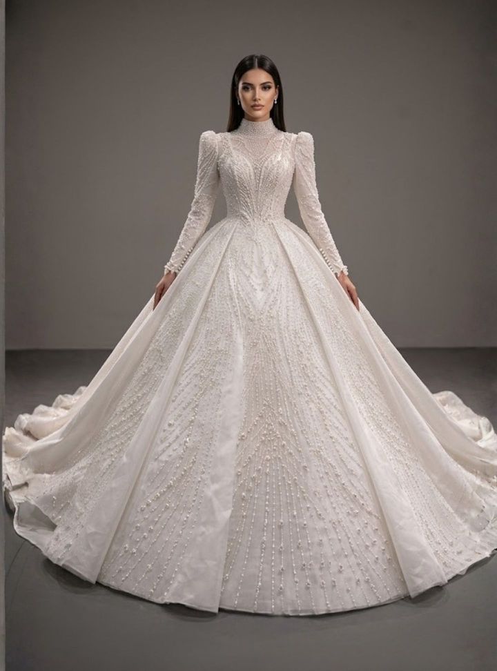 Kristal İşlemeli Uzun Kollu Prenses Gelinlik