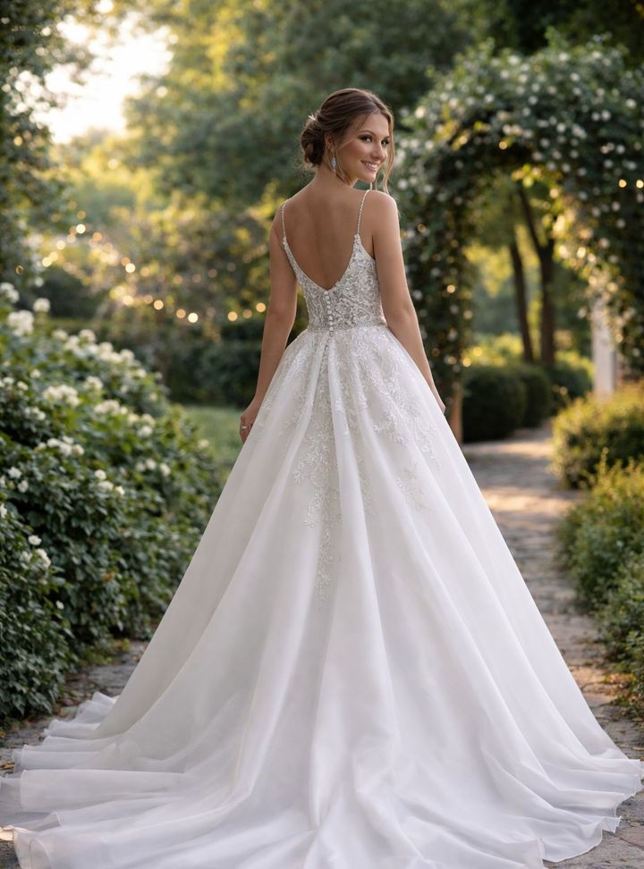 İnce Askılı İşlemeli Prenses Gelinlik