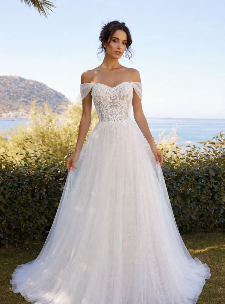 Işıltılı Düşük Omuz Prenses Gelinlik