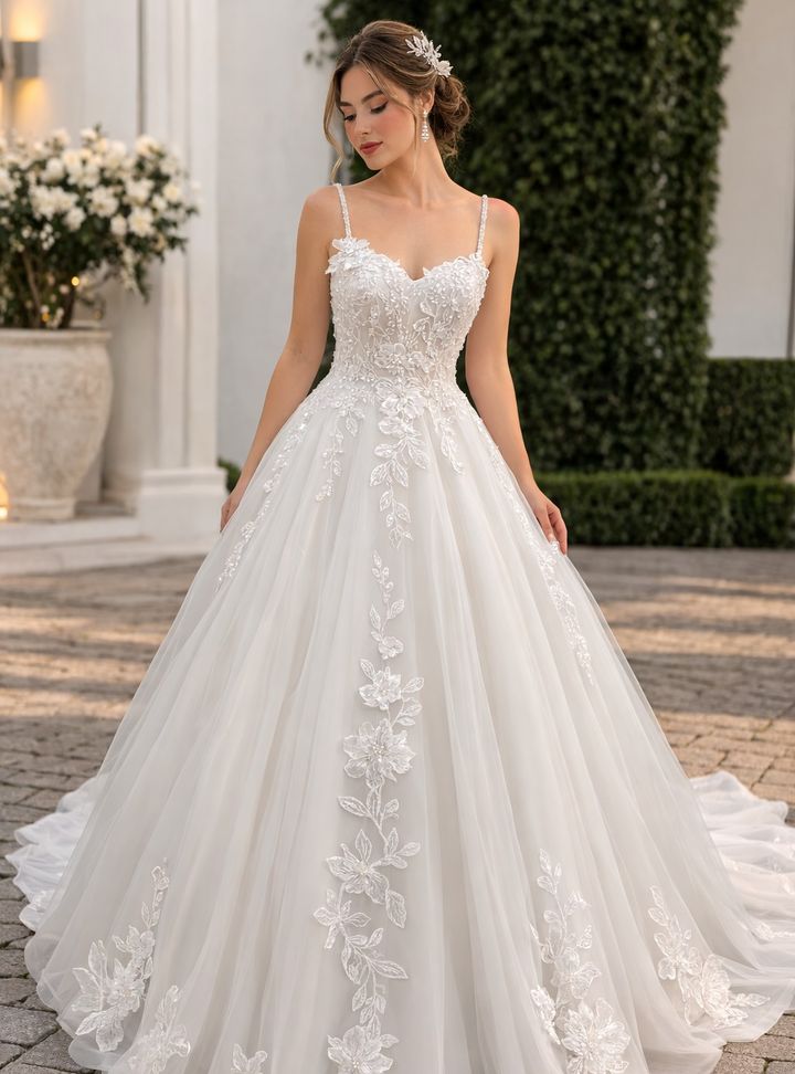 Askılı Çiçek İşlemeli Prenses Gelinlik