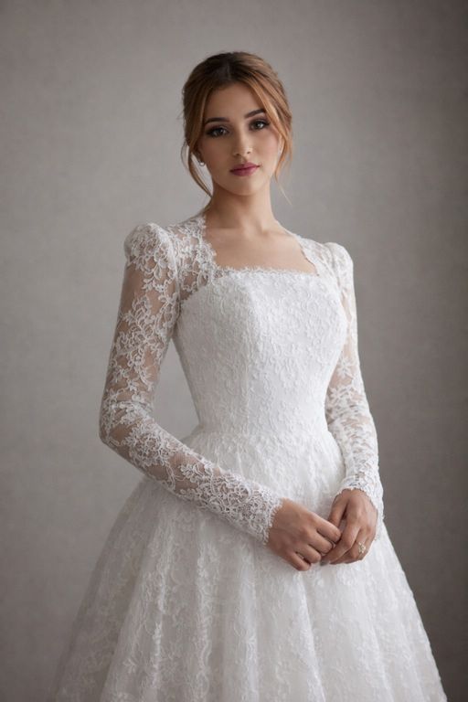 Kare Yaka Uzun Kollu Gelinlik Prenses Kesim Kare Yaka Göğüs Dekolteli Gelinlik 4