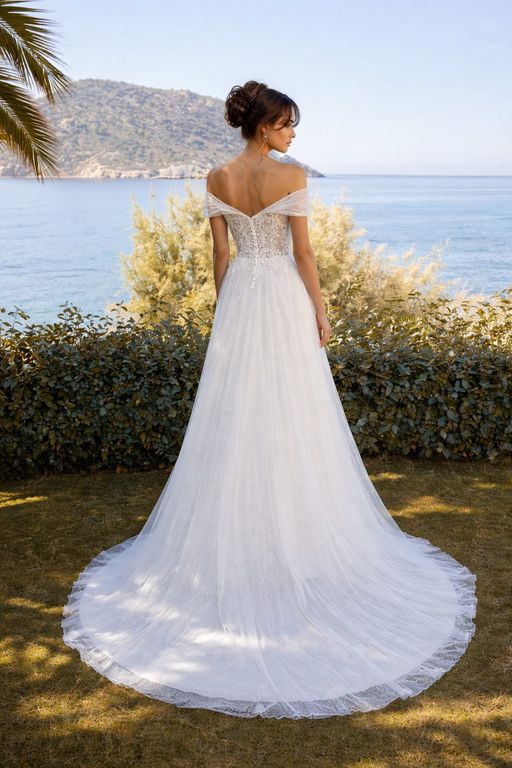 Işıltılı Düşük Omuz Prenses Gelinlik A Kesim Sırt Dekolteli Düşük Omuz Gelinlik 2