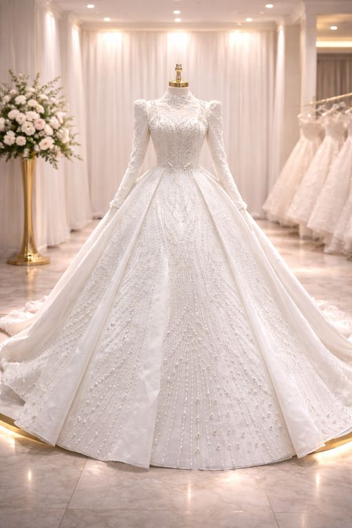 Kristal İşlemeli Uzun Kollu Prenses Gelinlik A Kesim Tesettür Modern Gelinlik 2