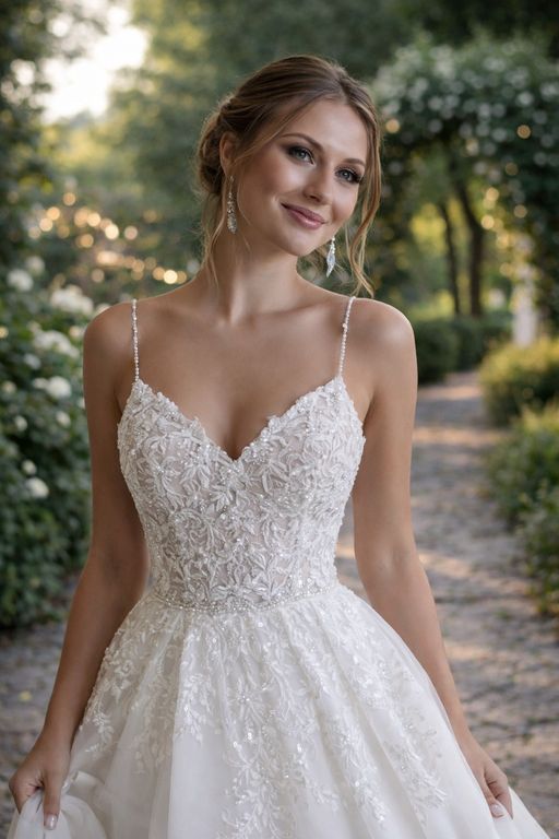 İnce Askılı İşlemeli Prenses Gelinlik Prenses Kesim Sırt Dekolteli V Yaka Gelinlik 3