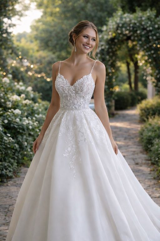 İnce Askılı İşlemeli Prenses Gelinlik Prenses Kesim Sırt Dekolteli V Yaka Gelinlik 2