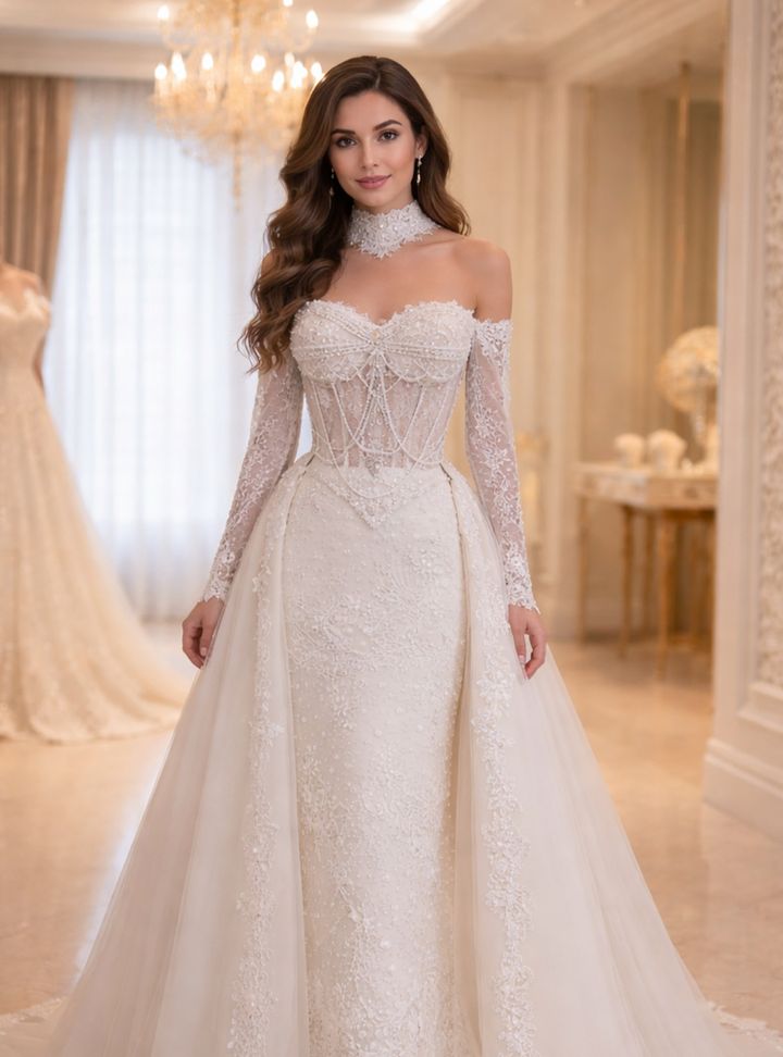 Mokka İnci Detaylı Balık Gelinlik Balık Kesim Tarlatansız Sırt Dekolteli Gelinlik