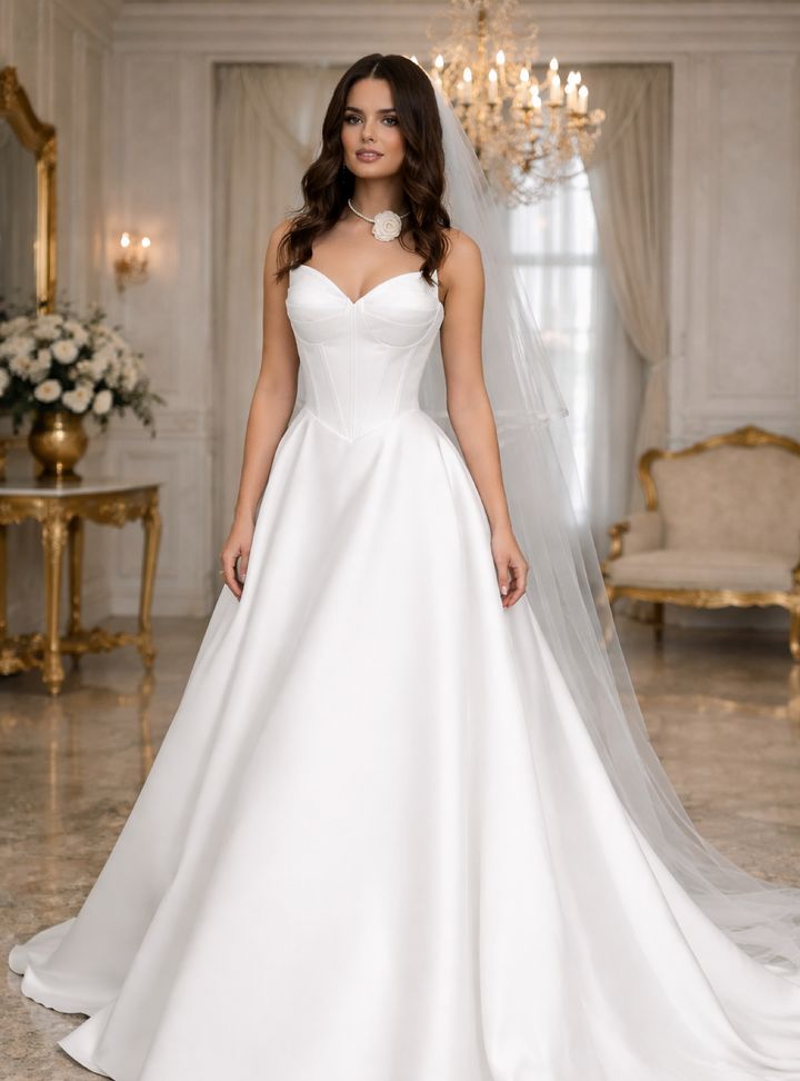 Korseli Drapeli Saten Gelinlik A Kesim Sırt Dekolteli Modern Gelinlik