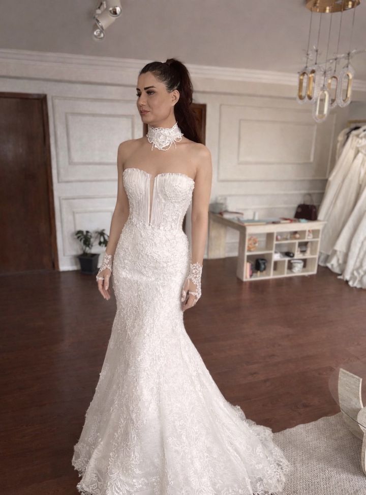Drape Detaylı Dantelli Balık Gelinlik 