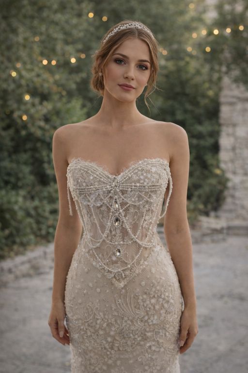 Mokka İnci Detaylı Balık Gelinlik Balık Kesim Tarlatansız Sırt Dekolteli Gelinlik 2