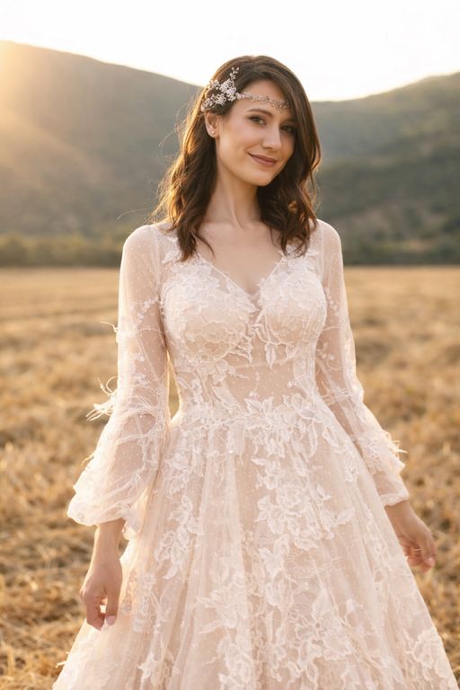 Kapuçino Otriş Tüylü Helen A Kesim Bohem Helen Gelinlik 6