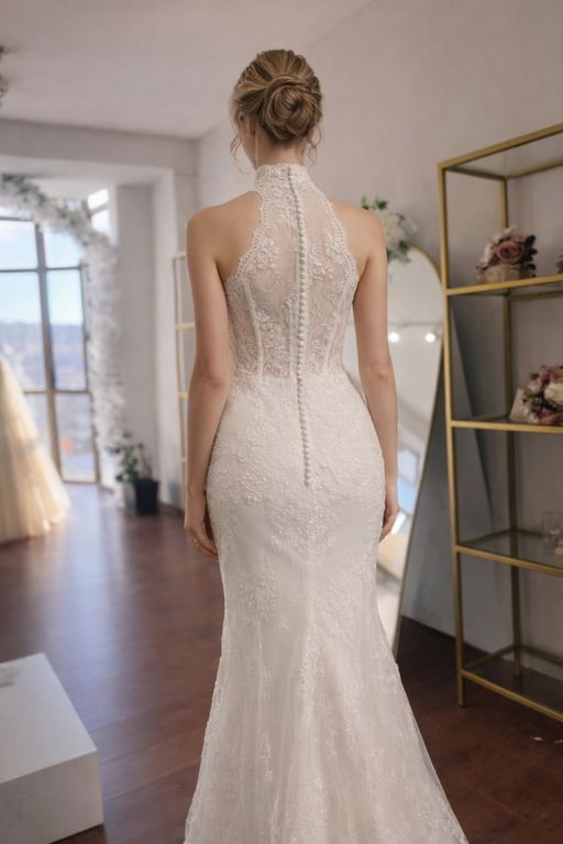 Stefani Yaka Balık Gelinlik Balık Kesim Tarlatansız Halter Yaka Gelinlik 2