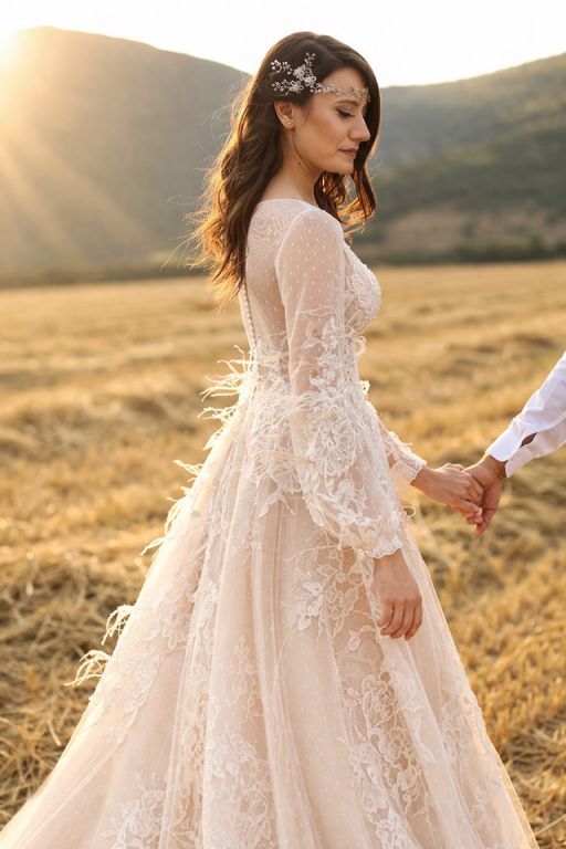 Kapuçino Otriş Tüylü Helen A Kesim Bohem Helen Gelinlik 7