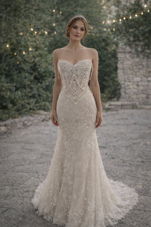 Mokka İnci Detaylı Balık Gelinlik Balık Kesim Tarlatansız Sırt Dekolteli Gelinlik 3