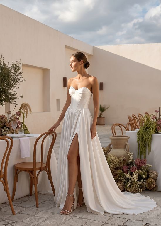 Straplez Yırtmaçlı Saten Helen Gelinlik 4