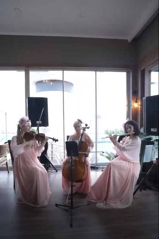 Pencere önünde keman, çello ve yan flüt çalan müzik triosu.