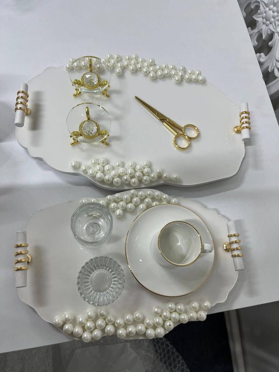 İnci detaylı söz nişan tepsisi ve damat kahve fincanı seti.