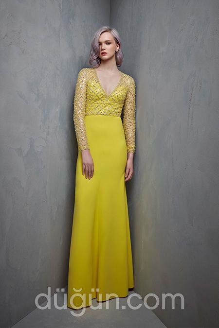 Sarı Uzun Kollu Abiye Modeli