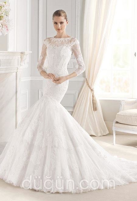 Yarım Balık Uzun Kollu Dantel Gelinlik