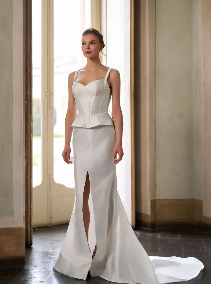 Peplum Detaylı Balık Gelinlik Balık Kesim Kare Yaka Modern Gelinlik