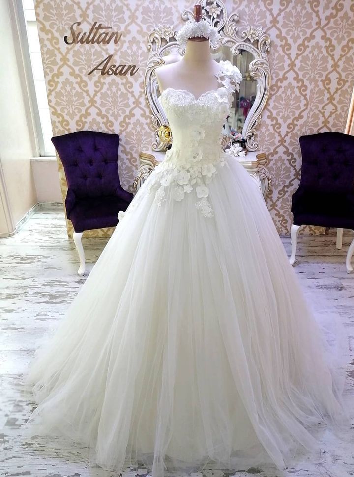 SMR 37 Prenses Kesim Tek Omuz Göğüs Dekolteli Gelinlik