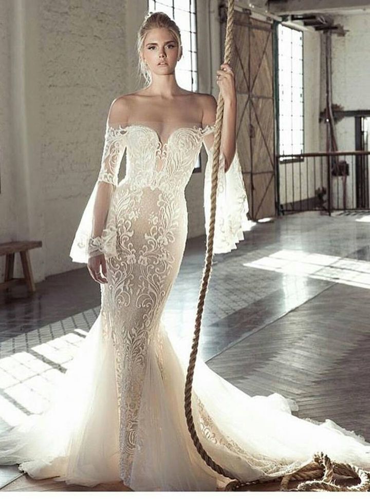 HKW 27 Balık Kesim Düşük Omuz Göğüs Dekolteli Gelinlik