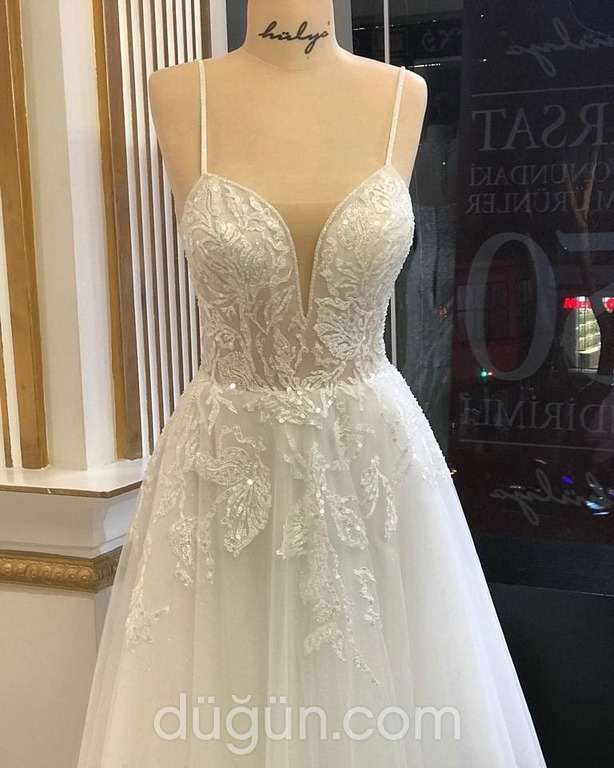 HKW 21 V Yaka Düz Kesim Göğüs Dekolteli Gelinlik