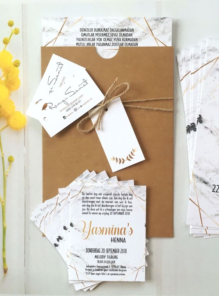 Mermer Desenli Altın Varaklı Davetiye