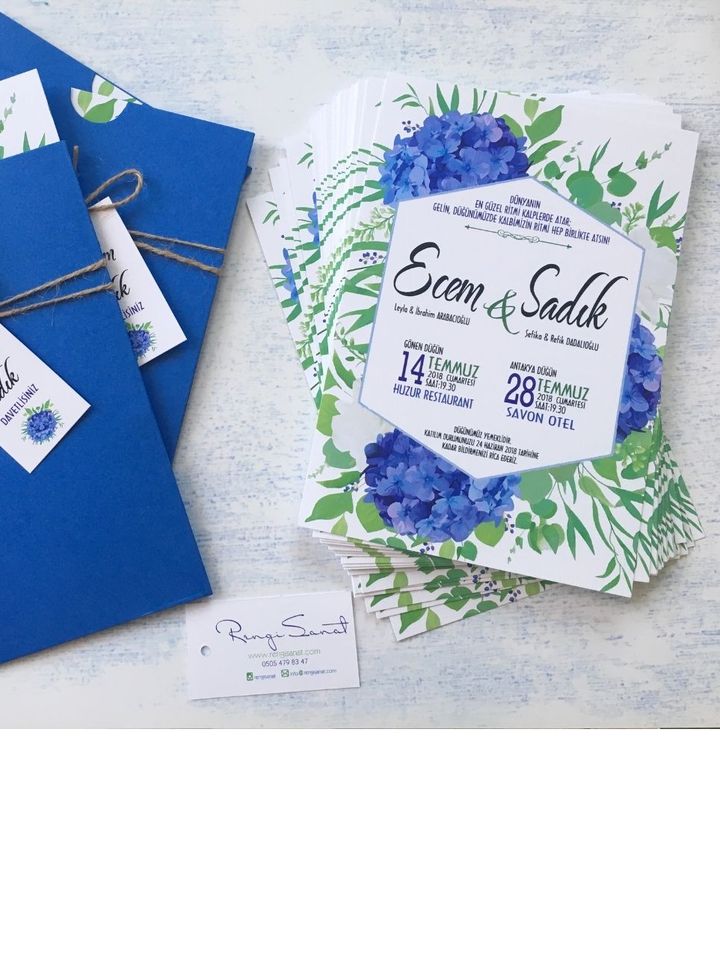 Mavi-Yeşil Çiçekli Davetiye