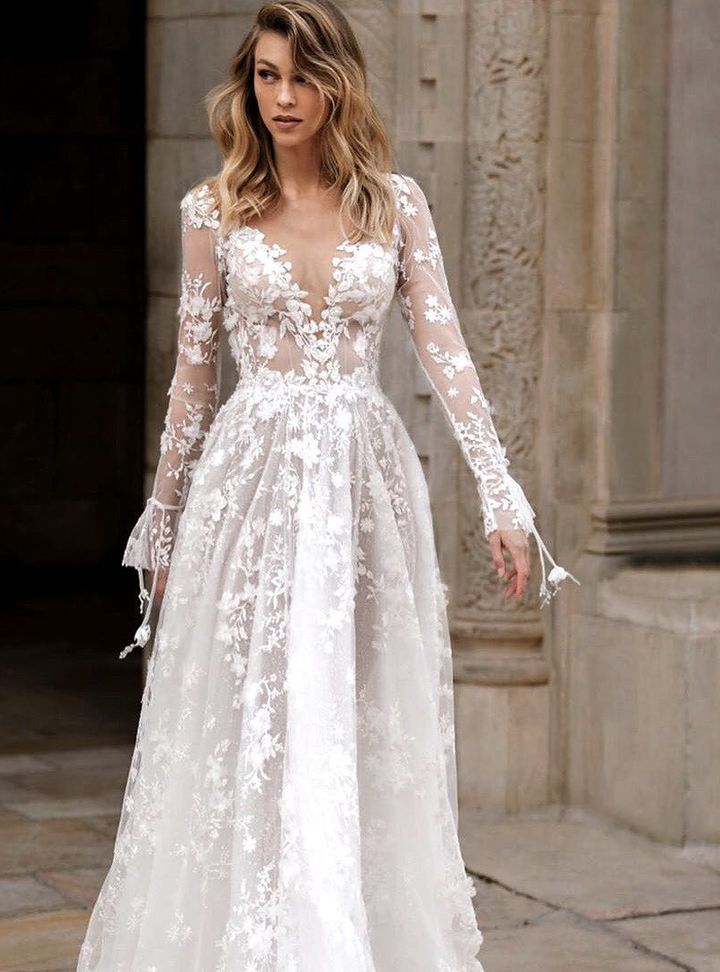 Galia Lahav 10  V Yaka Düz Kesim Göğüs Dekolteli Gelinlik