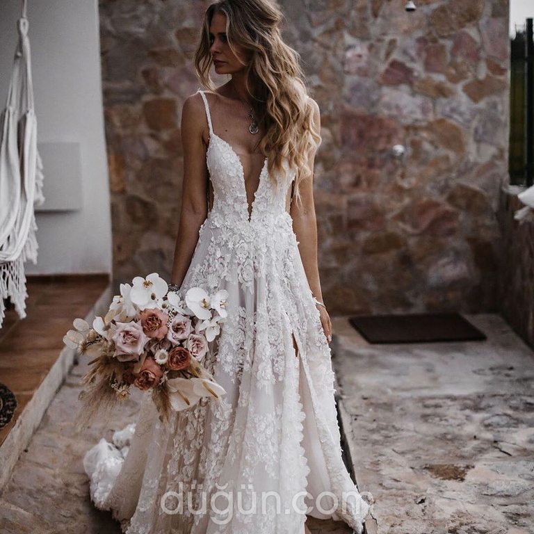 Galia Lahav 9  Düz kesim V yaka Romantik gelinlik