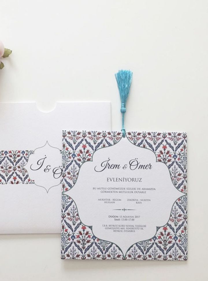 Çini Desenli Püskül Detaylı Davetiye Modeli