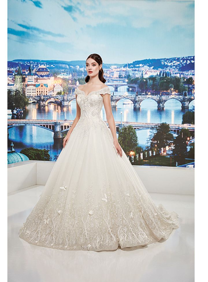 YMZ-7  Prenses Kesim Sırt Dekolteli Düşük Omuz Gelinlik