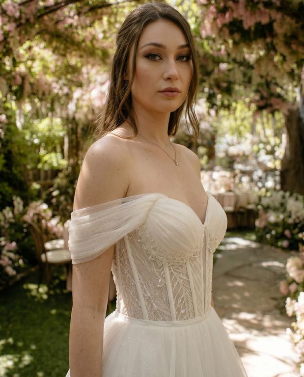 Diosa A Kesim Sırt Dekolteli Düşük Omuz Gelinlik 4