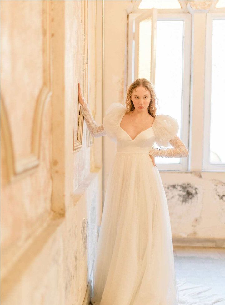 Alice Şifon Balon Kollu Düz Kesim Gelinlik