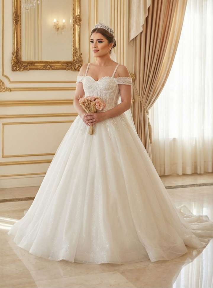 AG-101-26 Prenses Kesim Düşük Omuz Göğüs Dekolteli Gelinlik