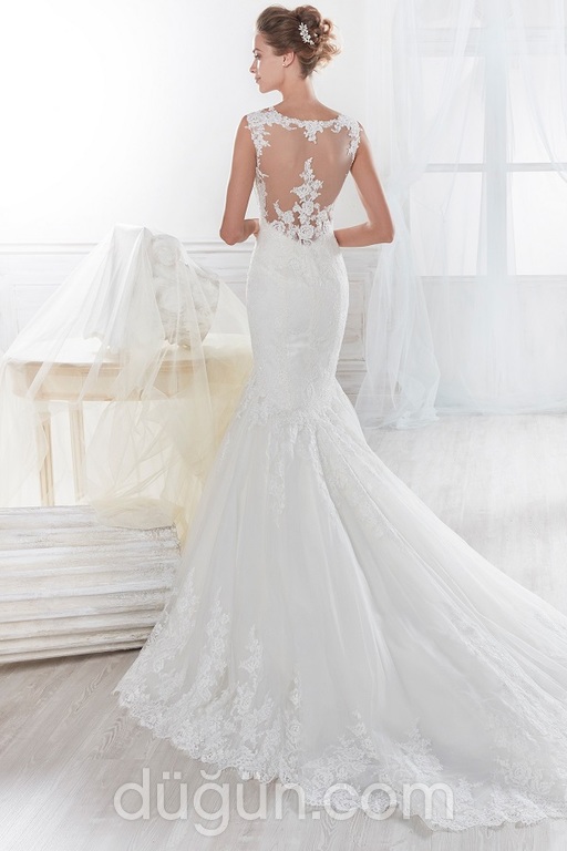 Dantelle - Nicole Spose NIAB18129 Balık Kesim Sırt Dekolteli V Yaka Gelinlik 1