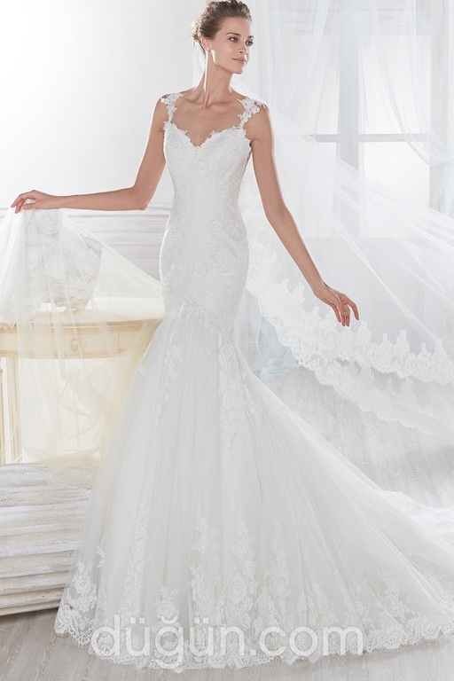 Dantelle - Nicole Spose NIAB18129 Balık Kesim Sırt Dekolteli V Yaka Gelinlik 2
