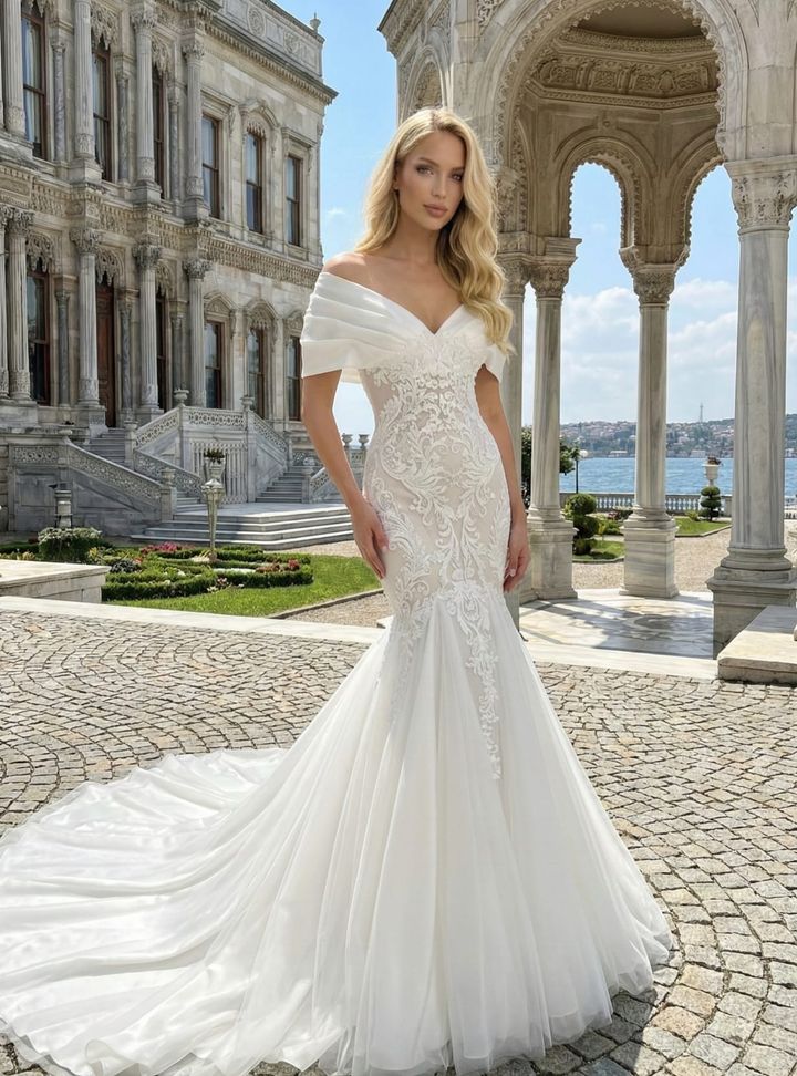 Düşük Omuz Balık Gelinlik