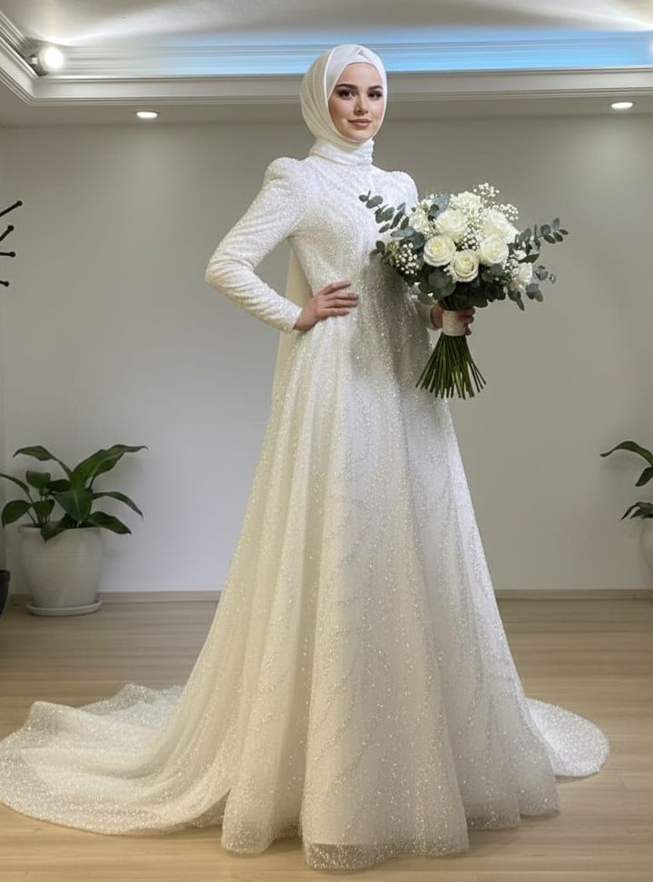 Boncuk İşlemeli Tesettür Gelinlik