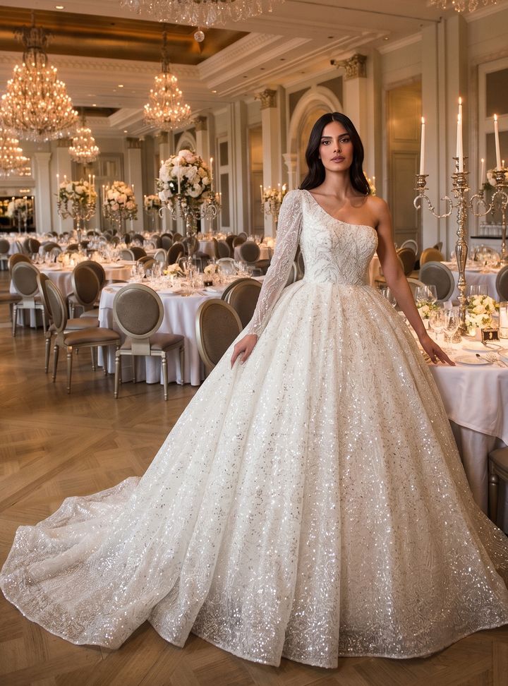 EEGA-303-25 Prenses Kesim Tek Omuz Görkemli Gelinlik