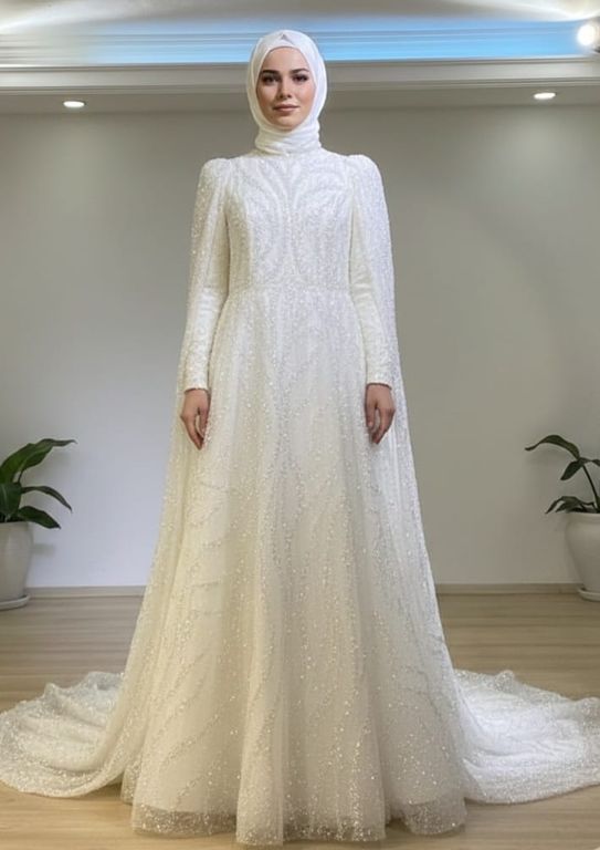 Boncuk İşlemeli Tesettür Gelinlik A Kesim Dekoltesiz Bisiklet Yaka Gelinlik 2